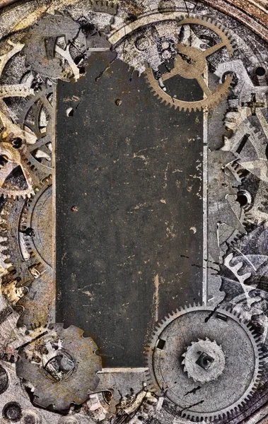 Dark Metal Blank Old Label Gears Industrial Background — Stock Photo, Image