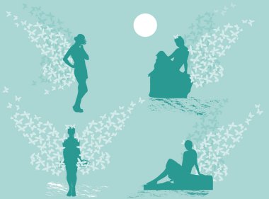 Kelebeklerden kanatları olan siluetler Cyan arka planda izole edilmiş. 