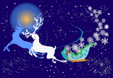 Mavi yıldızların arka planında sihirli geyikler ve kızakla çizim