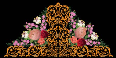 Süslü altın süslemeli renkli çiçeklerle illüstrasyon