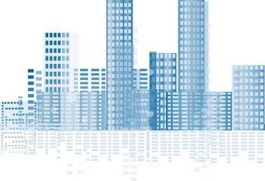 Beyaz arkaplanda mavi soyut şehir manzarasına sahip bir illüstrasyon