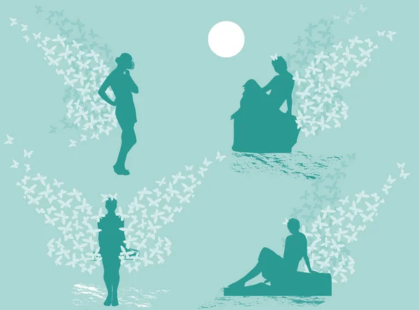 Girll Silhouettes Wings Butterflies Illustration Isolated Cyan Background — 图库矢量图片