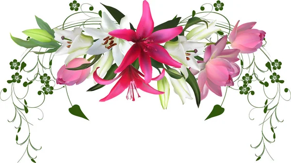 Illustration Lily Och Lotus Blommor Isolerad Vit Bakgrund — Stock vektor