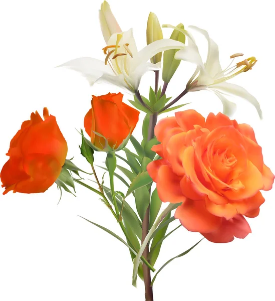 Illustration Mit Weißer Lilie Und Orangen Rosenblüten — Stockvektor