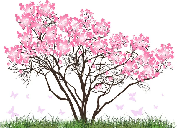 Illustration Magnolia Blossom Tree Green Grass — 스톡 벡터