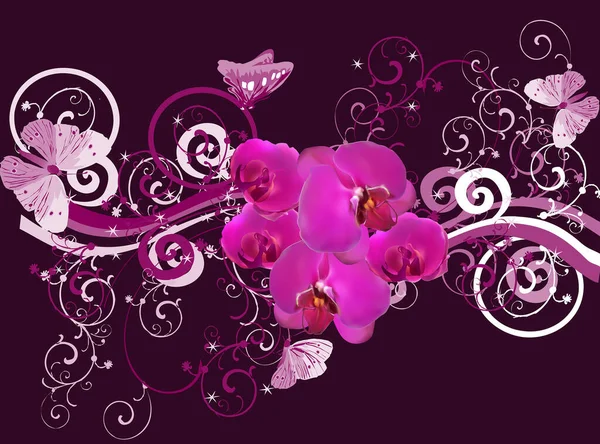 Illustration Purple Orchids Butterflies — Stock vektor