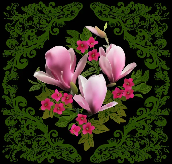 Illustratie Met Magnolia Bloemen Groene Vierkante Decoratie — Stockvector