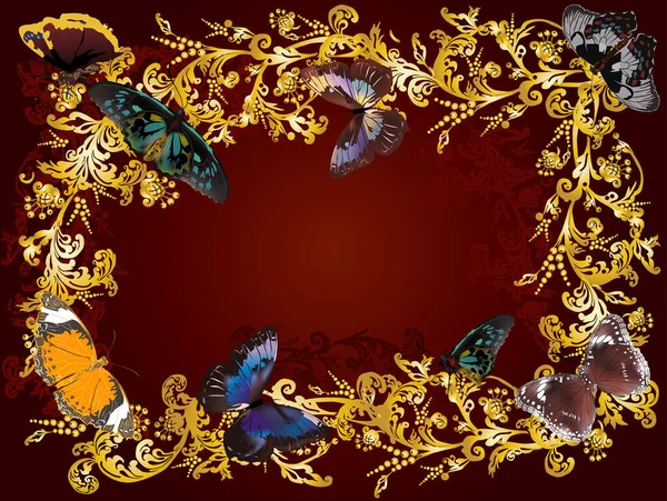 Illustration Butterflies Gold Frame Dark Background — Archivo Imágenes Vectoriales