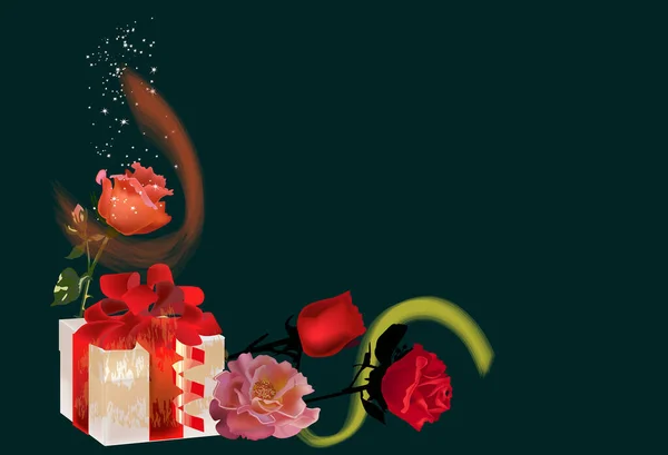 Illustration Gift Box Red Roses Black Background — Vetor de Stock