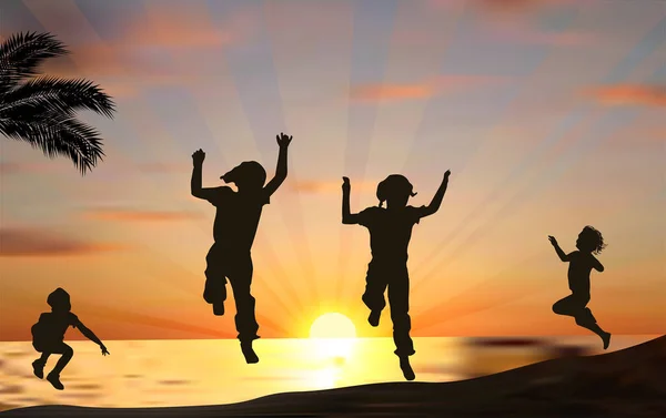 图上有四个在日落时在海面附近跳跃的儿童轮廓 — 图库矢量图片