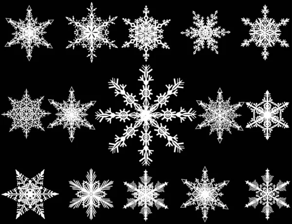 Black Snowflakes Collection Isolated Black Background — Stock Vector