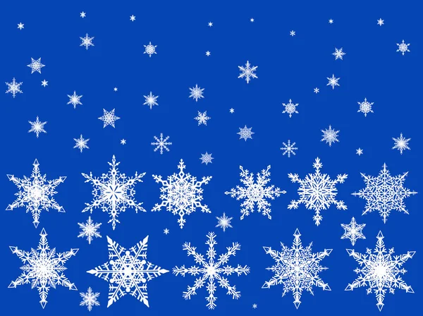 Colección Copos Nieve Blancos Aislados Sobre Fondo Azul — Vector de stock