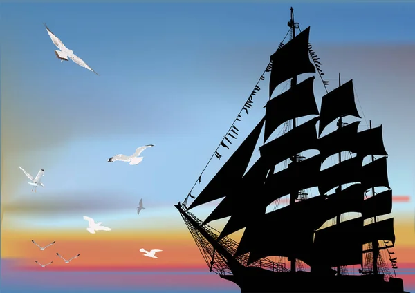 Illustration Gulls Ship Silhouette Sunset Sea — Stock vektor