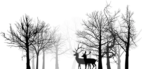 Illustration Deer Silhouettes Bare Trees Isolated White Background — Stock Vector