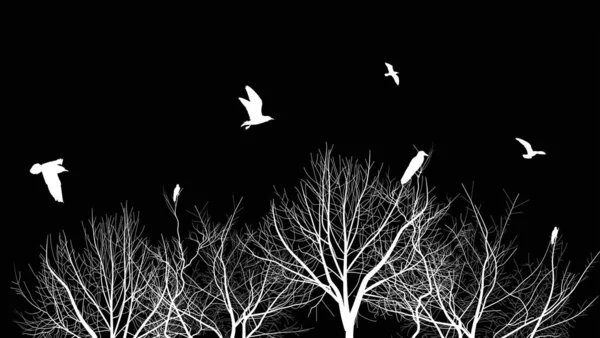 裸の木と鳥のシルエットの図 — ストックベクタ
