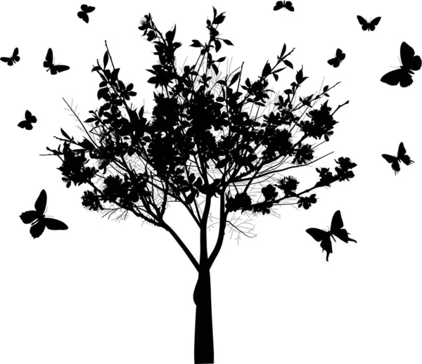 Illust Małym Kwitnącym Drzewem Dużymi Kwiatami Latającymi Motylami Odizolowanymi Białym — Wektor stockowy