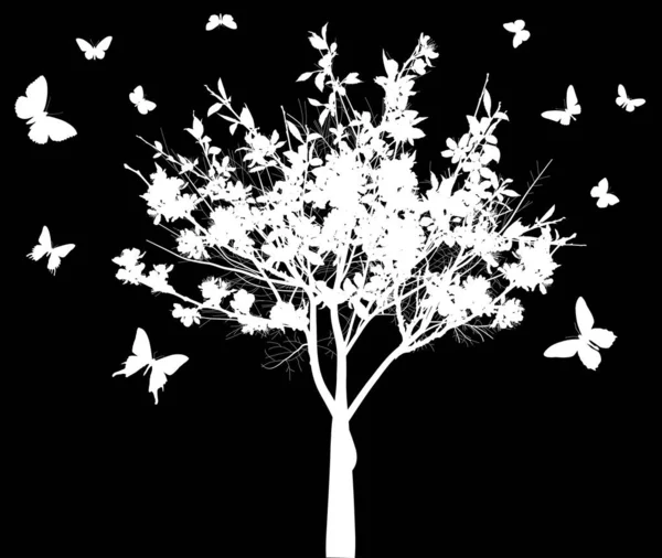 Illustration Small Blossoming Tree Large Flowers Flying Butterflies Isolated Black — Vettoriale Stock