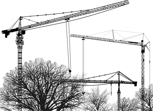 Illustration Med Tornkranar Och Kala Träd Isolerade Vit Bakgrund — Stock vektor