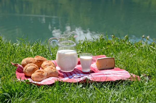 Süt, peynir ve ekmek pikniğe bir Alpin çayır içinde servis s — Stok fotoğraf