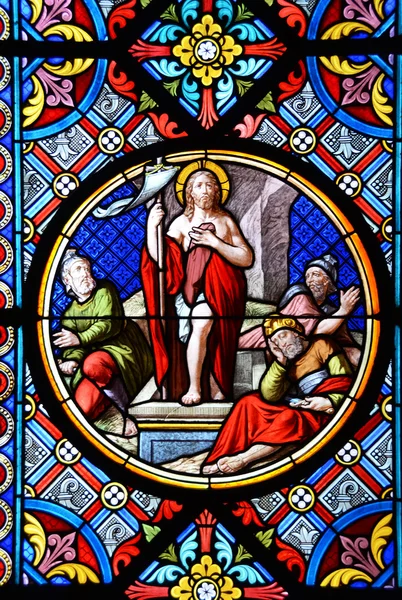 Σκηνής της γέννησης. Υαλογράφημα παράθυρο στον καθεδρικό ναό της Βασιλείας, — Φωτογραφία Αρχείου