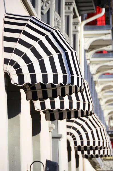 Striped awnings of a restaurant — Stock Photo, Image