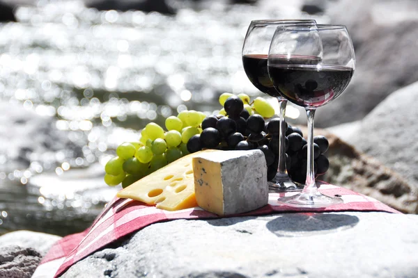 Vörös bor, sajt és a szőlő szolgált egy piknik. Verzasca-völgy, — Stock Fotó