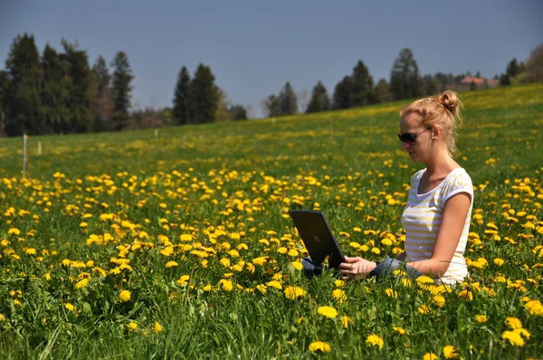 Fille avec un ordinateur portable sur la prairie de printemps — Photo