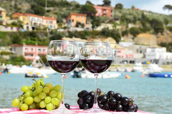 Paar wijnglazen en druiven tegen de haven van portvenere — Stockfoto