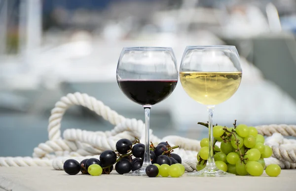 Pareja de viñas y uvas contra el muelle de yates de La Spez — Foto de Stock