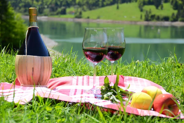 Vino e frutta serviti a un picnic sul prato alpino. Svizzera — Foto Stock