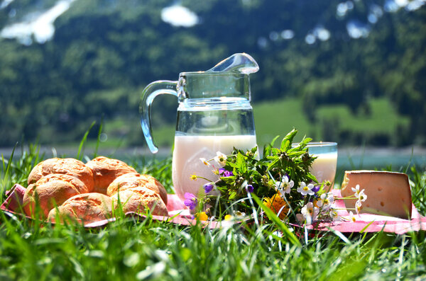 Молоко, сыр и хлеб подаются на пикнике на альпийском лугу, Свит
