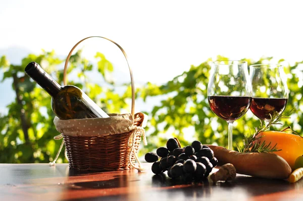 Wine and grapes against Geneva lake. Lavaux region, Switzerland — Stock Photo, Image