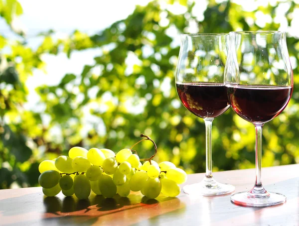 Coppia di bicchieri da vino e grappolo d'uva. Regione di Lavaux, Svizzera — Foto Stock