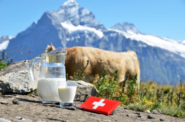 İsviçre çikolata ve süt dağ tepe karşı sürahi. switzerla