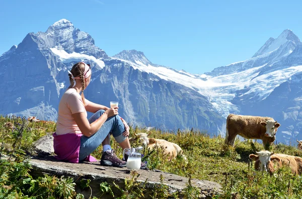 Menina com um jarro de leite e vacas. Região de Jungfrau, Suíça — Fotografia de Stock