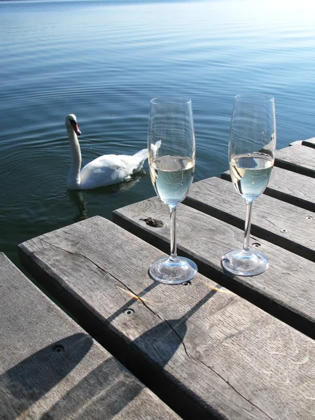 Two champagne glasses against a lake — Stockfoto