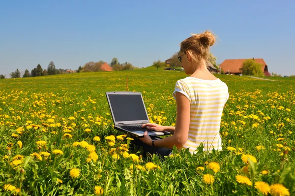 Girl with a laptop on the spring meadow — Stock Photo, Image