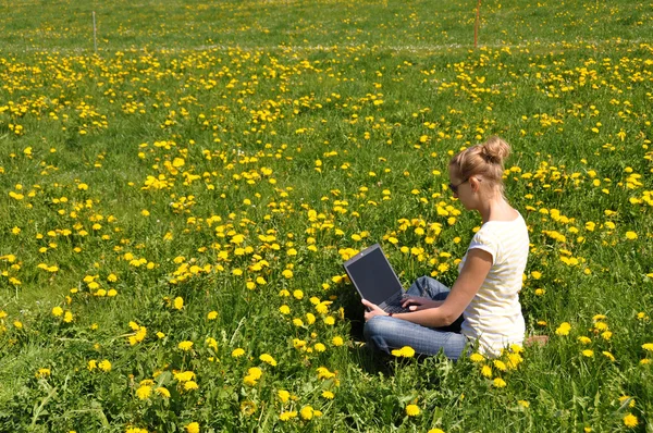 Girl with a laptop on the spring meadow — Stock Photo, Image