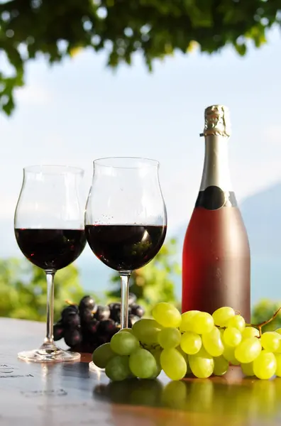 Vinho tinto e uvas contra vinhas na região de Lavaux, Switzerl — Fotografia de Stock
