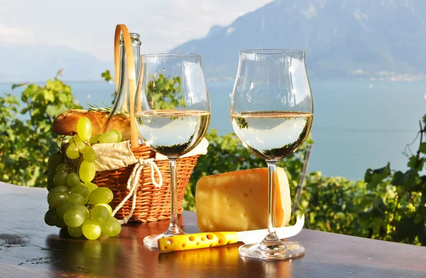 Vino y uvas contra el lago de Ginebra. Región de Lavaux, Suiza — Foto de Stock