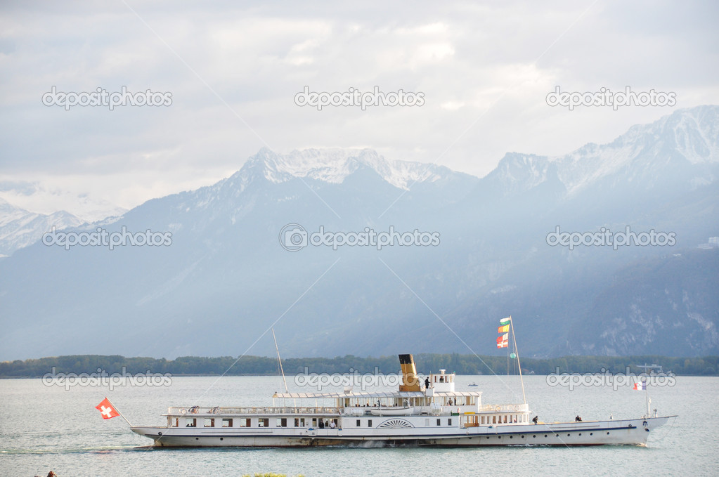 Cruiser ship with tourists on board. Geneva lake, Switzerland