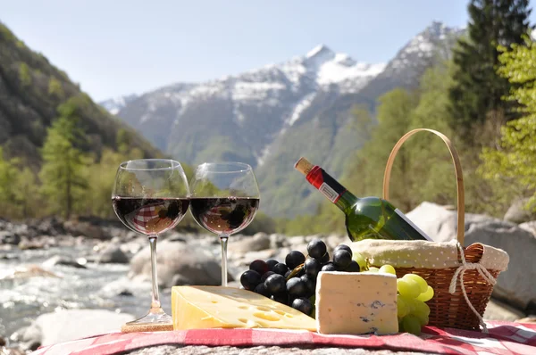 Red wine, cheese and grapes served at a picnic. Verzasca valley, — Stock Photo, Image