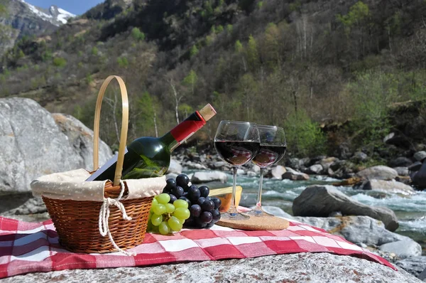 Vino tinto, queso y uvas servidas en un picnic. Valle de Verzasca , —  Fotos de Stock