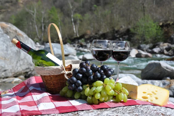 Rødvin, ost og druer servert på piknik. Verzasca-dalen , – stockfoto