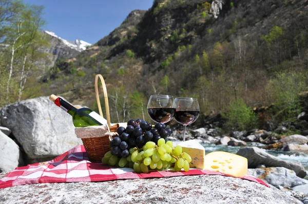 赤ワイン、チーズ、ブドウはピクニックで提供しています。ヴェルザスカ谷, — ストック写真