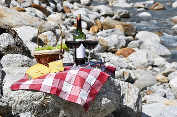 Red wine, cheese and grapes served at a picnic. Verzasca valley, — Stock Photo, Image