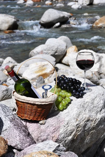 Red wine, cheese and grapes served at a picnic. Verzasca valley, — Stock Photo, Image