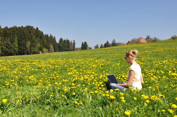 Flicka med en laptop på våren ängen — Stockfoto