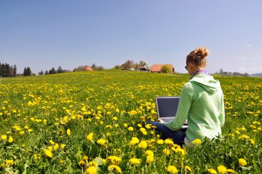 Bahar çayır üstünde a laptop ile kız