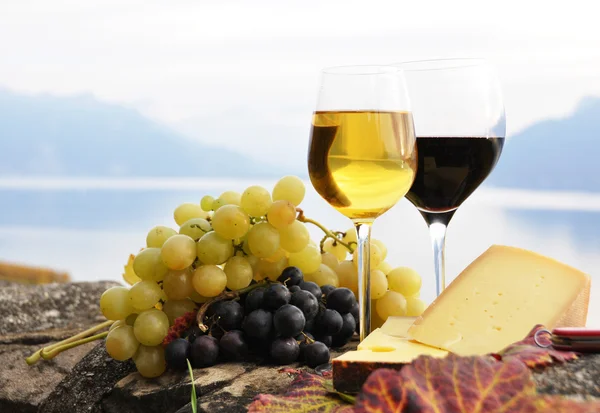 Two wineglasses, cheese and grapes on the terrace of vineyard in — Stock Photo, Image